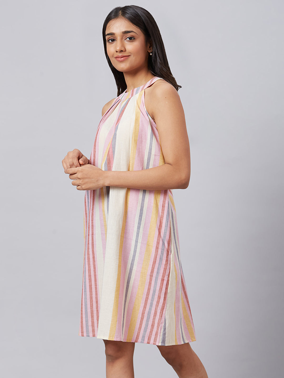 Eco Khadi Muslin Multi Striped Halter Neck Dress