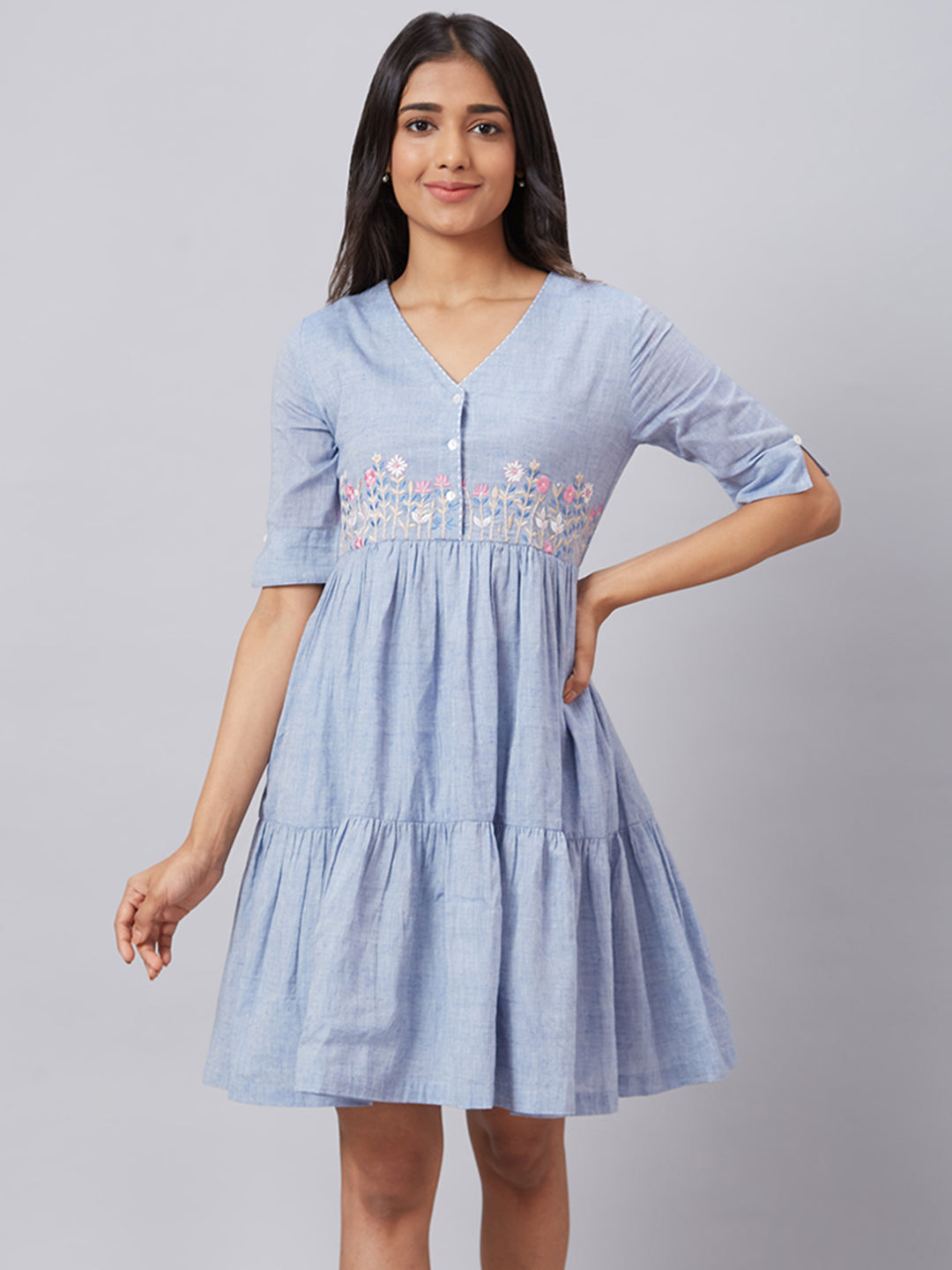 Eco Khadi Cotton Mid Blue Floral Embroidered Tier Dress - Gulbagh