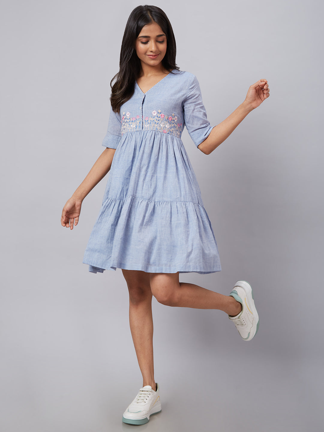 Eco Khadi Cotton Mid Blue Floral Embroidered Tier Dress - Gulbagh