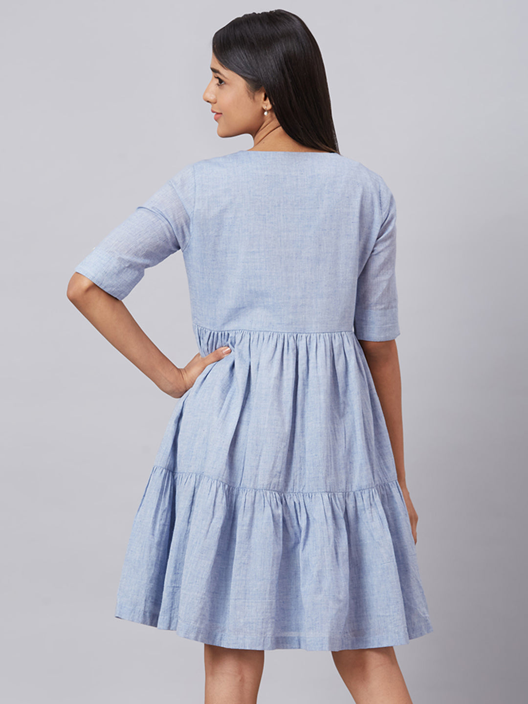Eco Khadi Cotton Mid Blue Floral Embroidered Tier Dress - Gulbagh