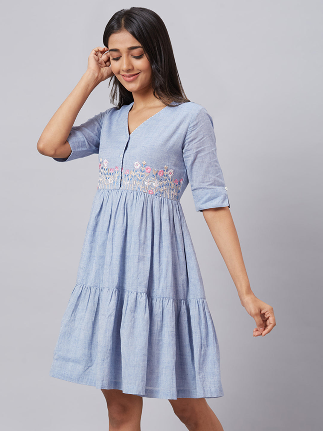 Eco Khadi Sustainable Conscious Cotton Mid Blue Floral Embroidered Tier Dress - Gulbagh