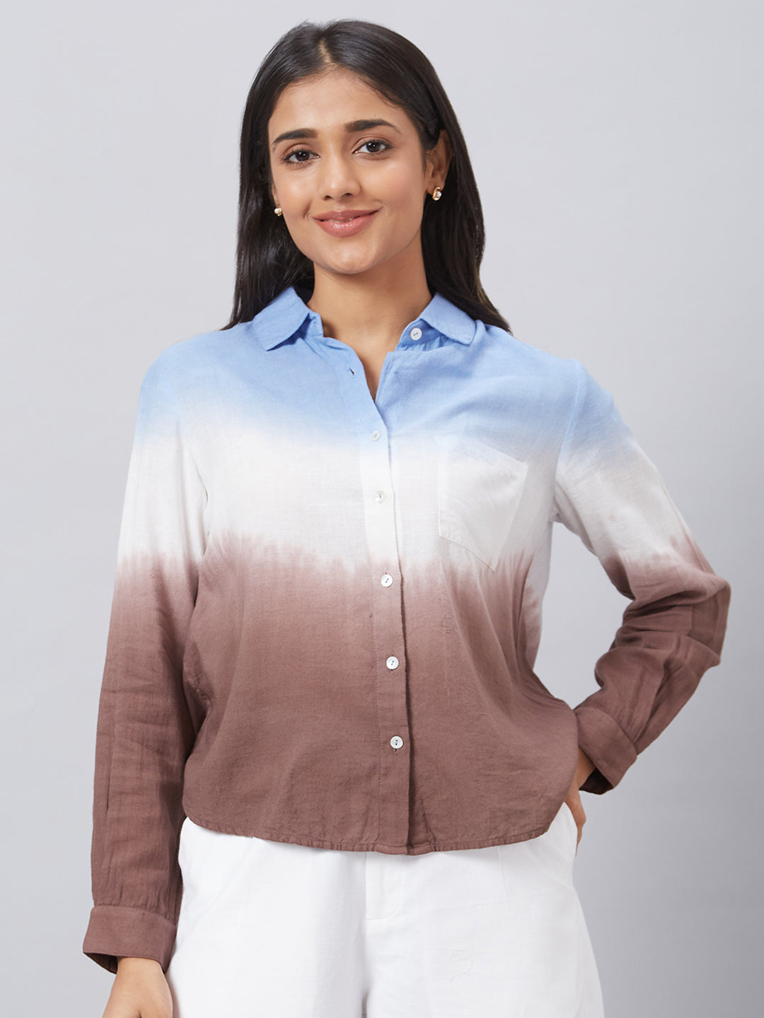 Eco Khadi Cotton Blue Brown Ombre Classic Shirt