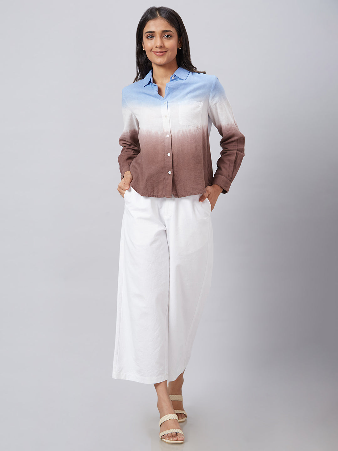 Eco Khadi Cotton Blue Brown Ombre Classic Shirt