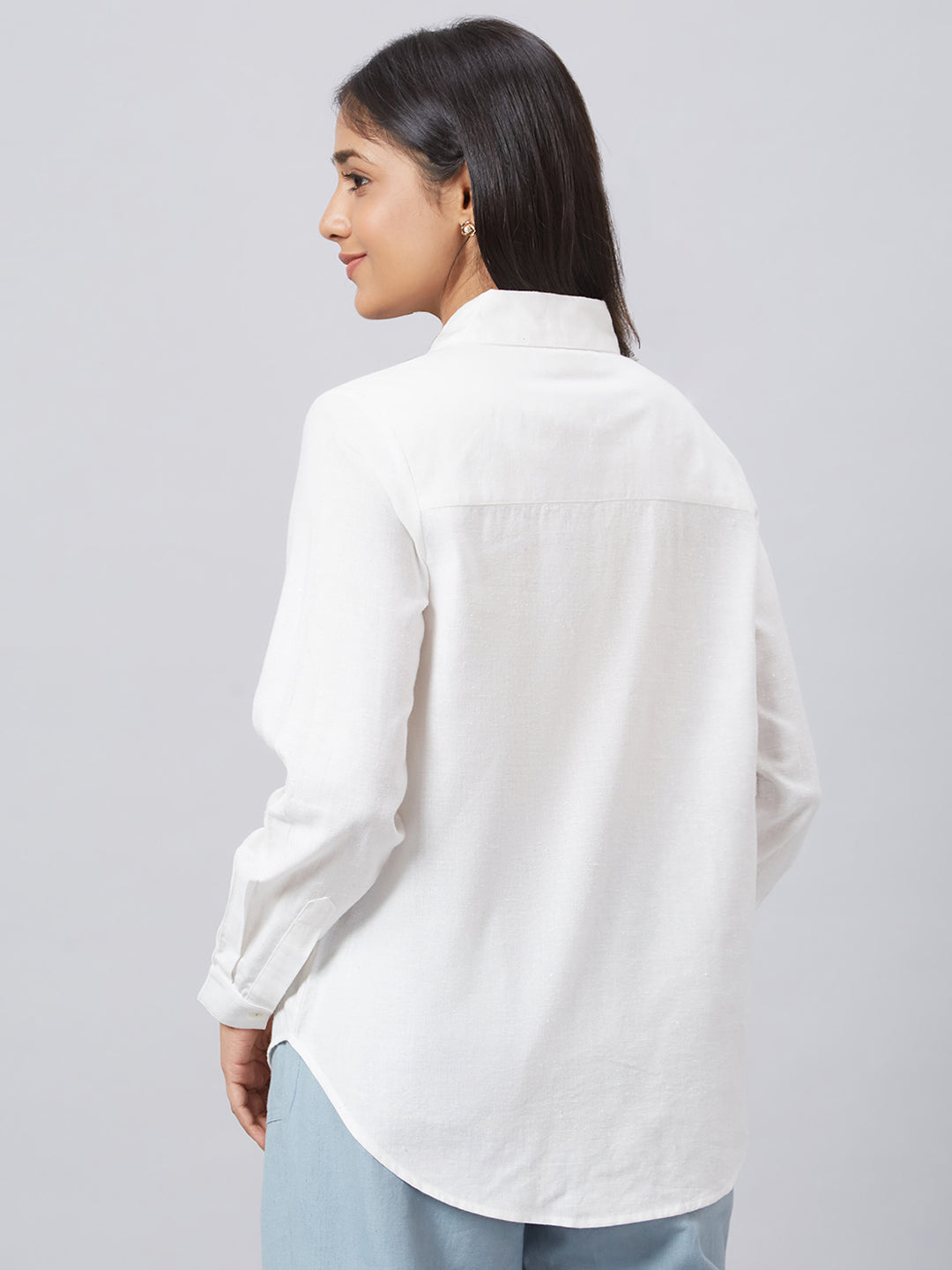 Eco Khadi Cotton White Classic Shirt with Placement Floral Embroidery