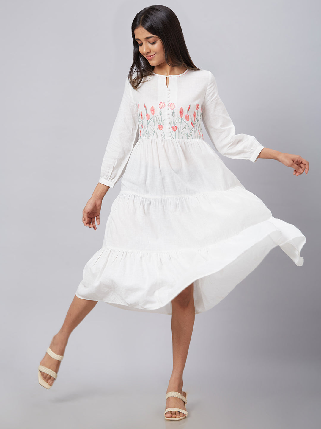 Eco Khadi Cotton White Floral Embroidered Tier Dress - Kaveri Eco Khadi Cotton White Floral Embroidered Tier Dress - Kaveri