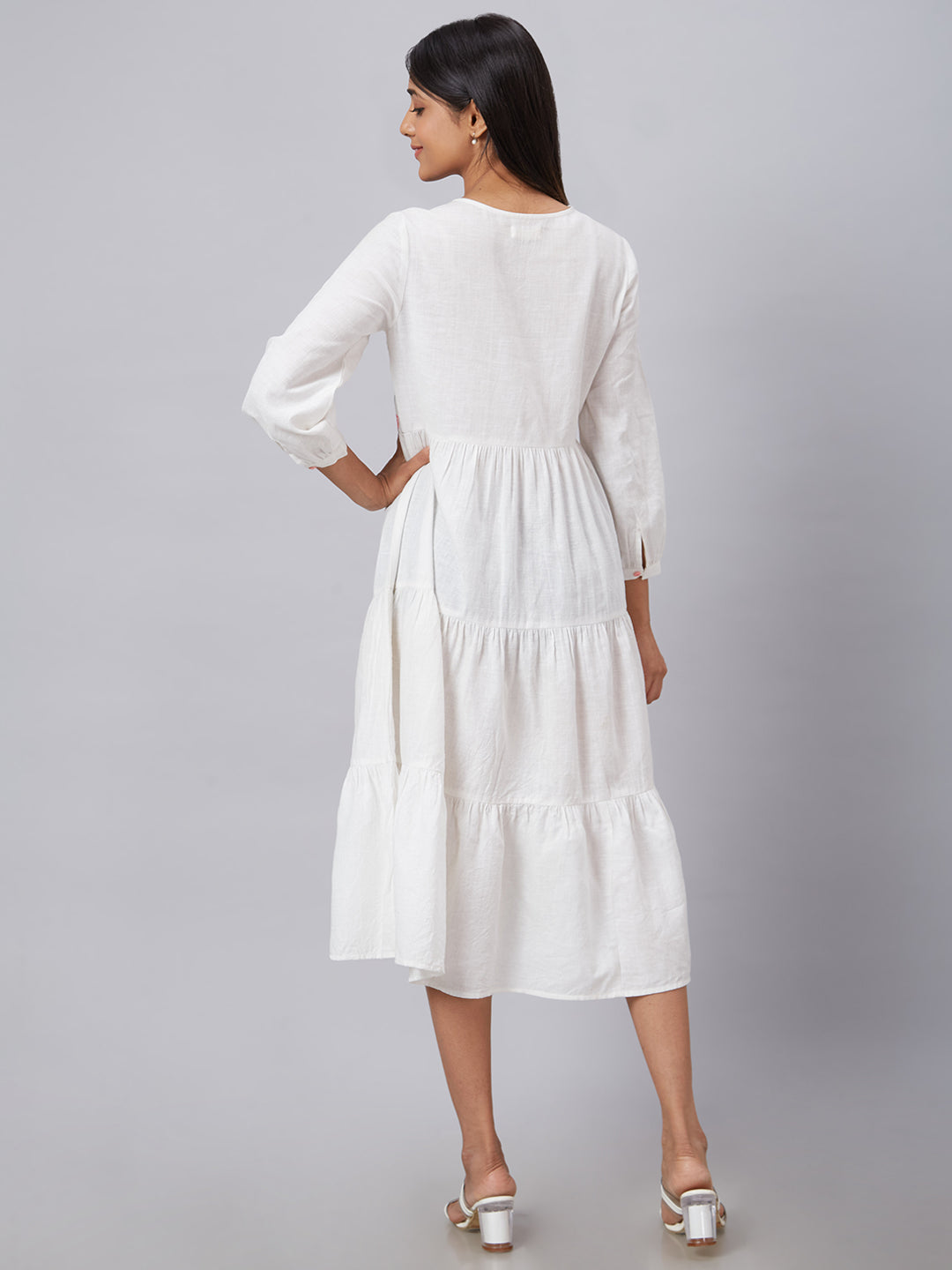Eco Khadi Cotton White Floral Embroidered Tier Dress - Kaveri