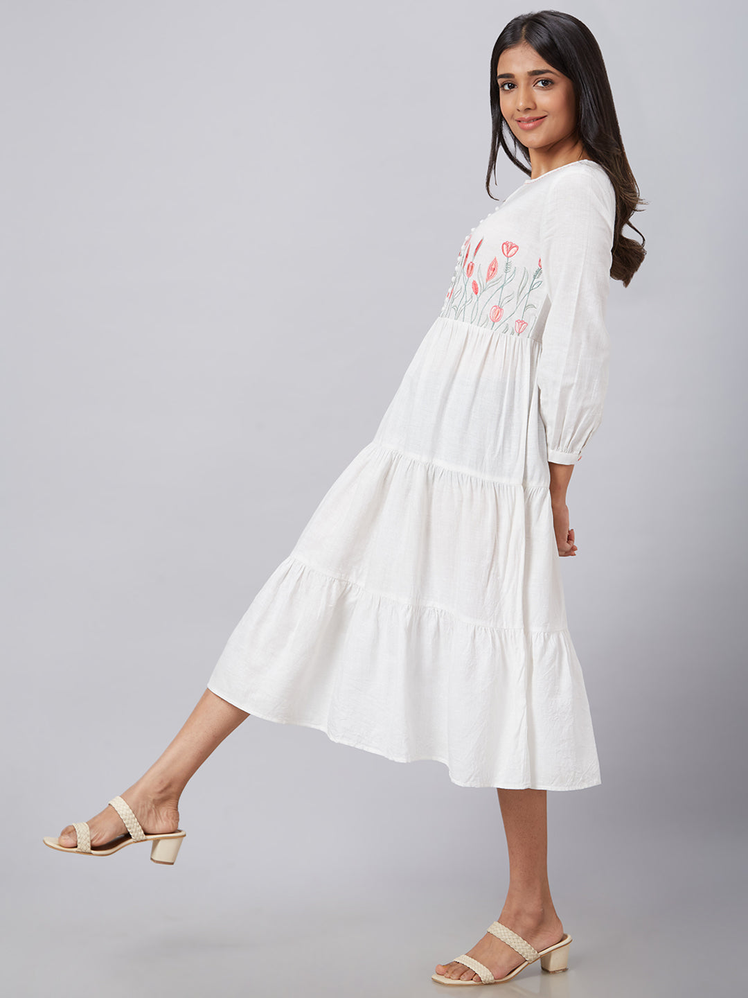 Eco Khadi Cotton White Floral Embroidered Tier Dress - Kaveri