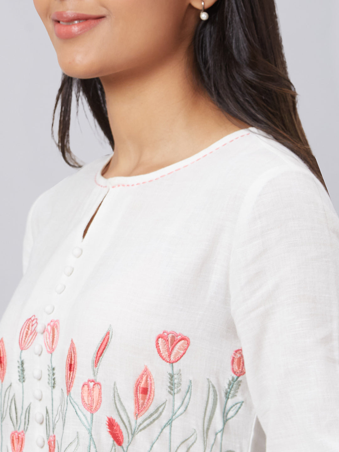 Eco Khadi Cotton White Floral Embroidered Tier Dress - Kaveri