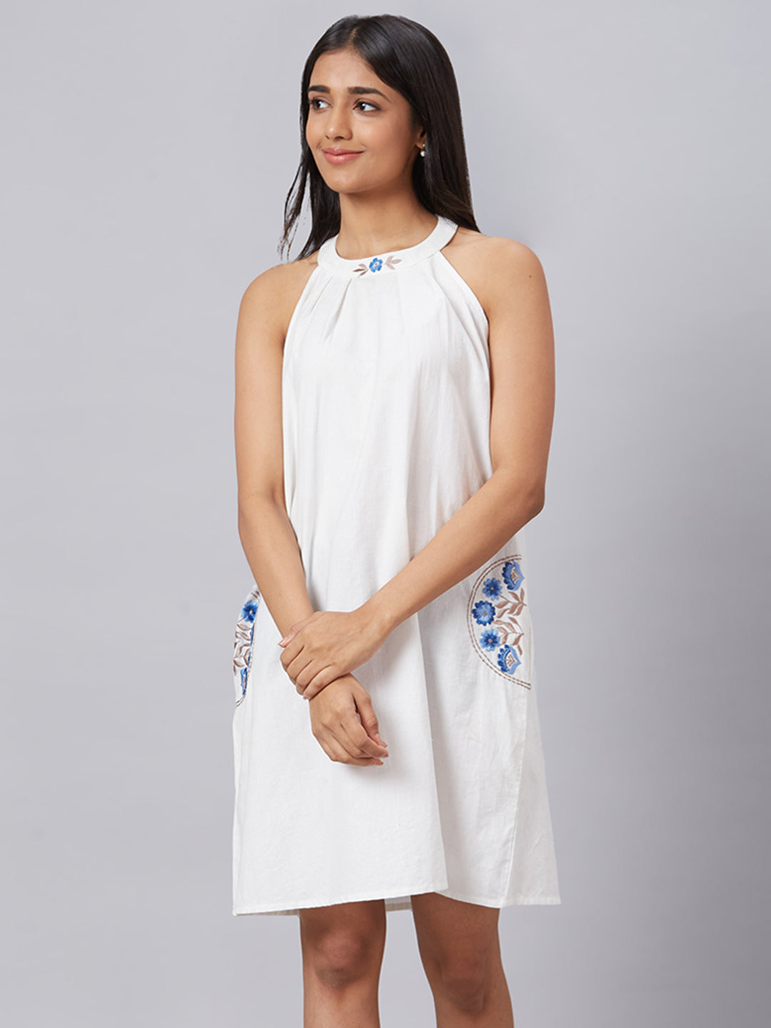 Eco Khadi Muslin White Halter Neck Embroidered Dress