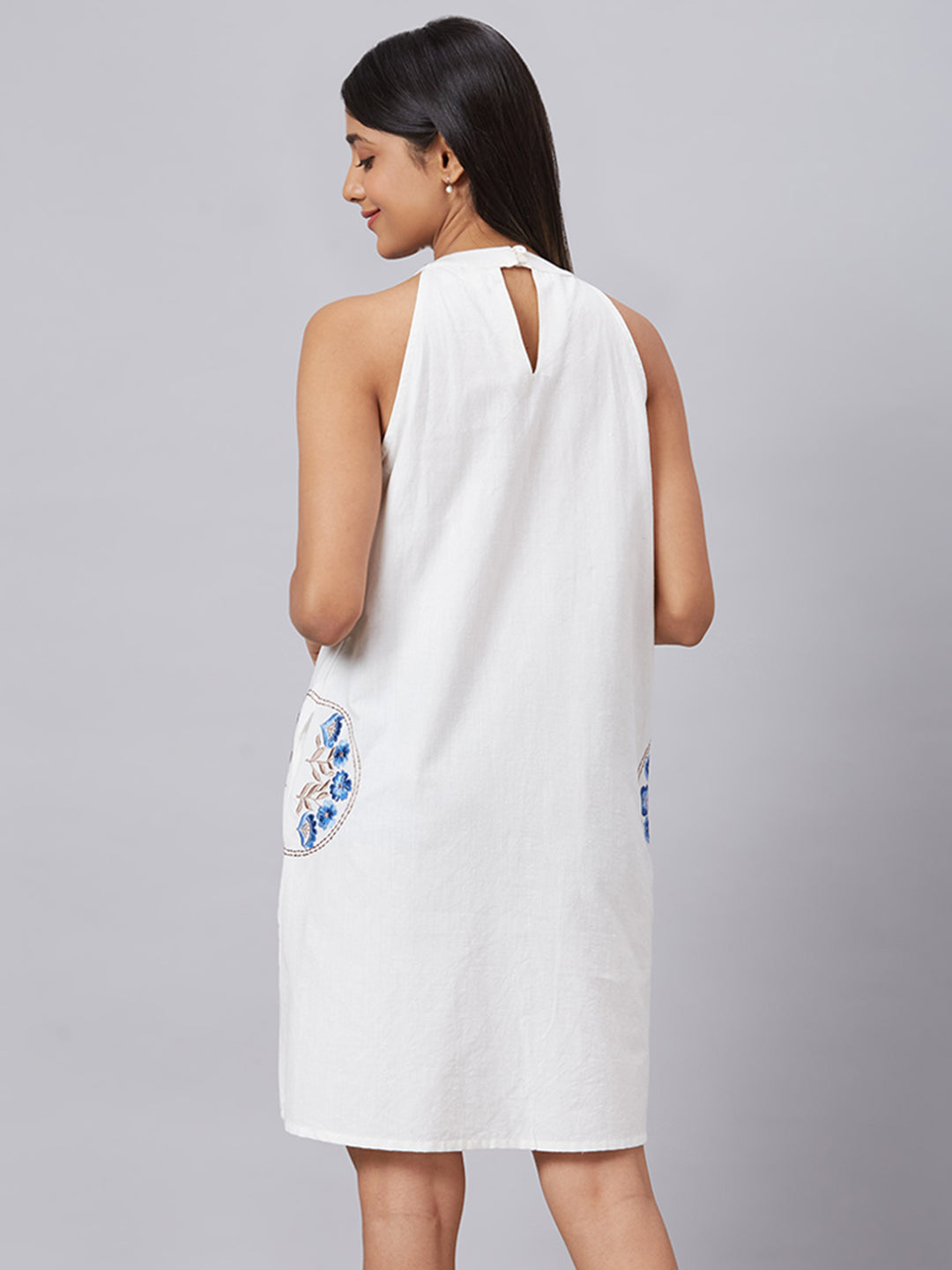Eco Khadi Muslin White Halter Neck Embroidered Dress