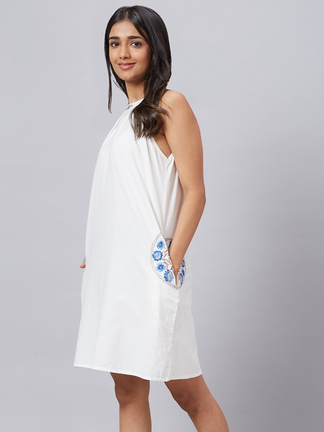 Eco Khadi Muslin White Halter Neck Embroidered Dress