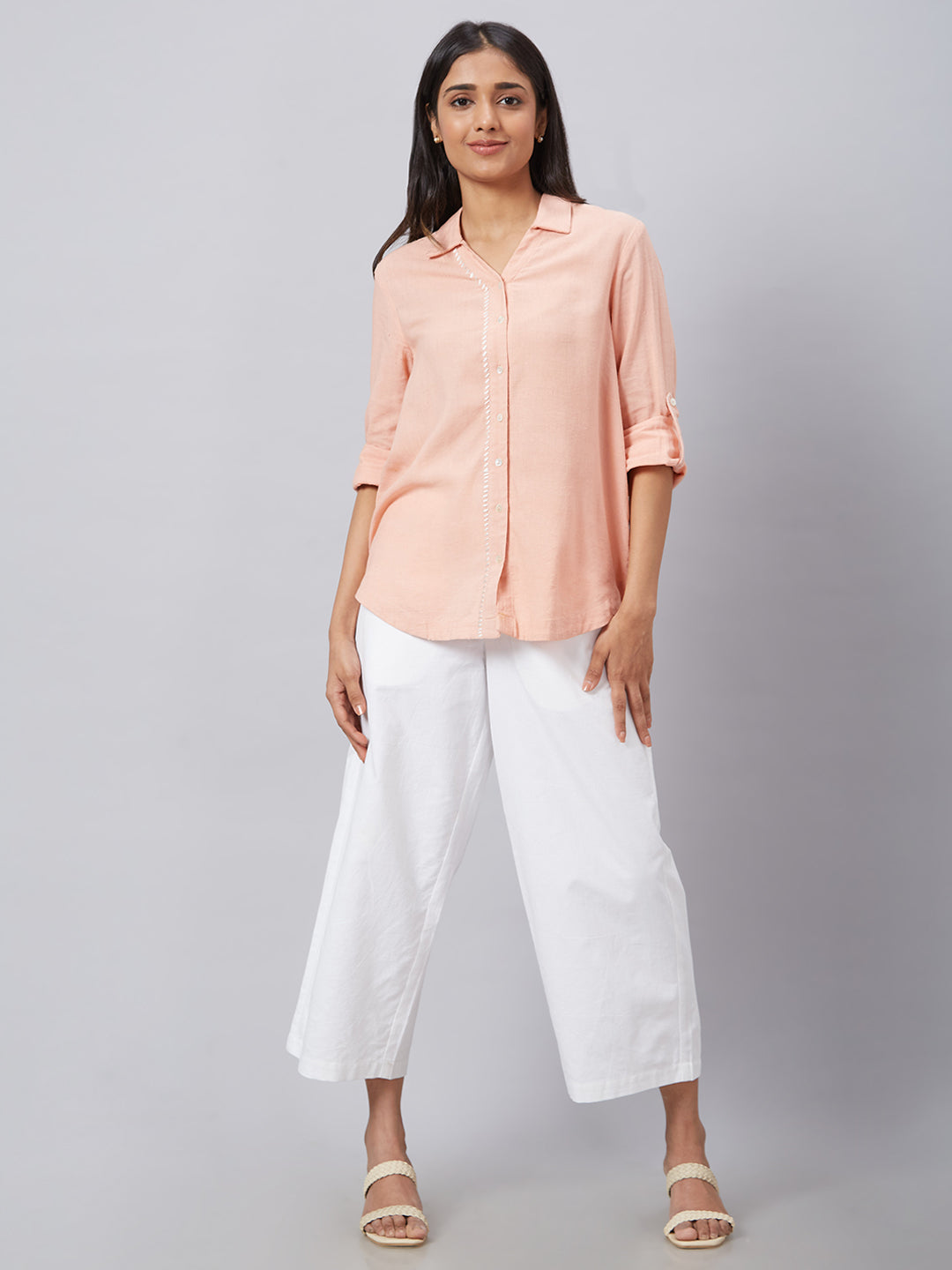 Eco Khadi Cotton Classic Peach Shirt With Stitch Detailing
