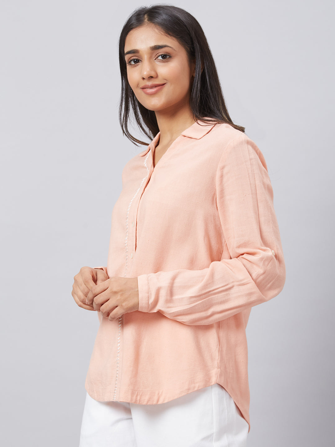 Eco Khadi Cotton Classic Peach Shirt With Stitch Detailing