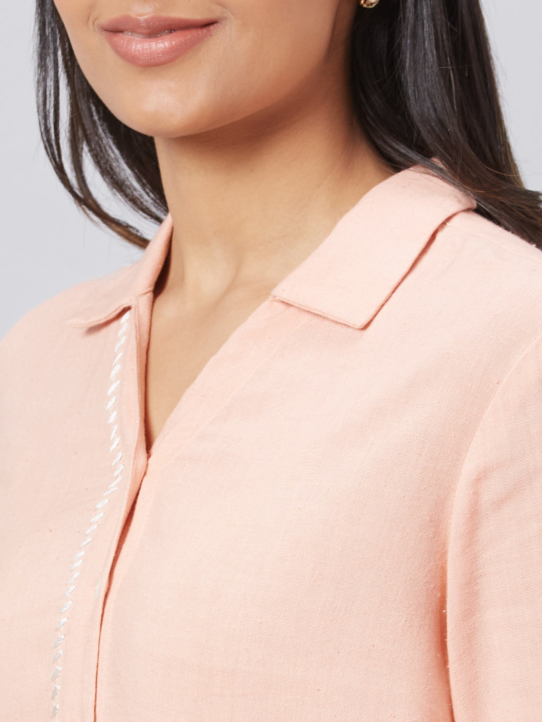Eco Khadi Cotton Classic Peach Shirt With Stitch Detailing