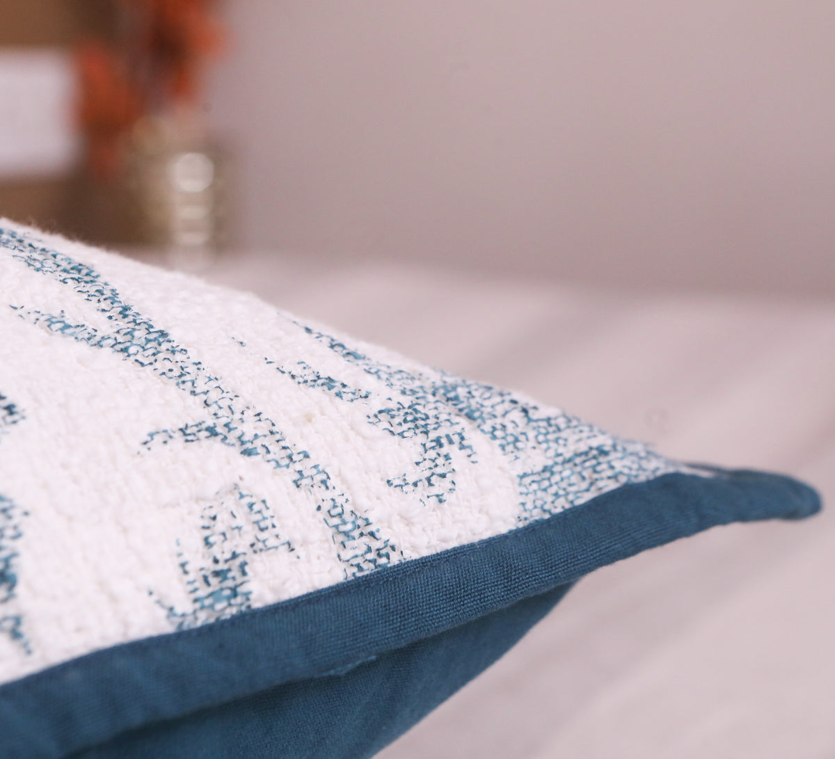 Blue Slub Floral Cushion Cover