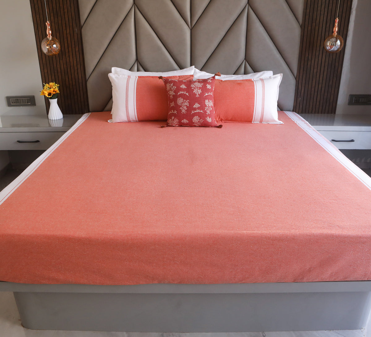 Organic Cotton Orange and White double  bed cover