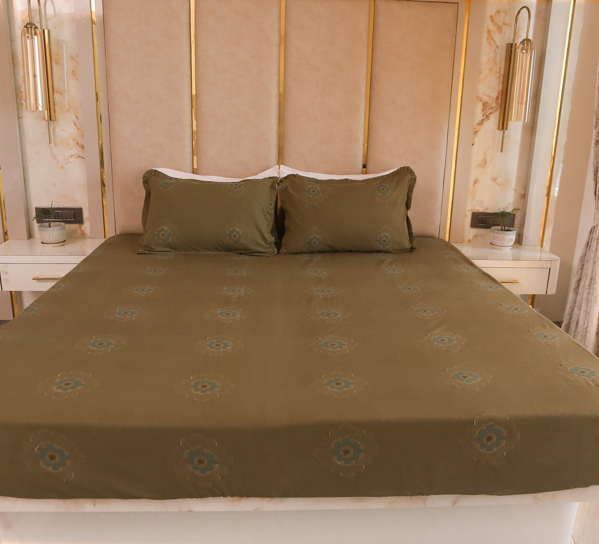 Olive jacquard Woven double bed cover