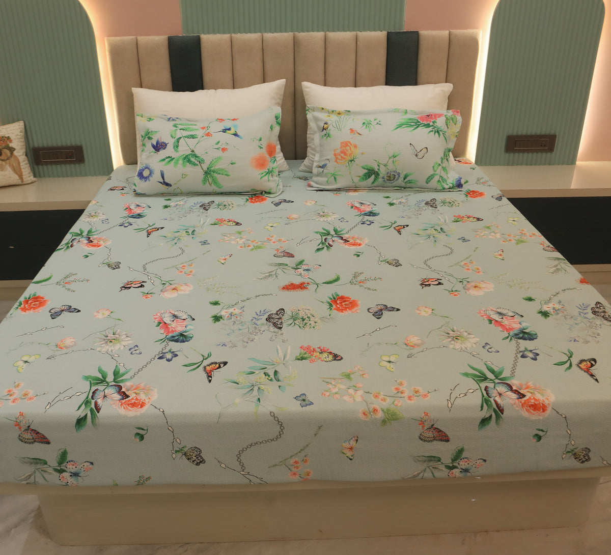 Blue Floral Woven 100% Cotton  Bed Cover