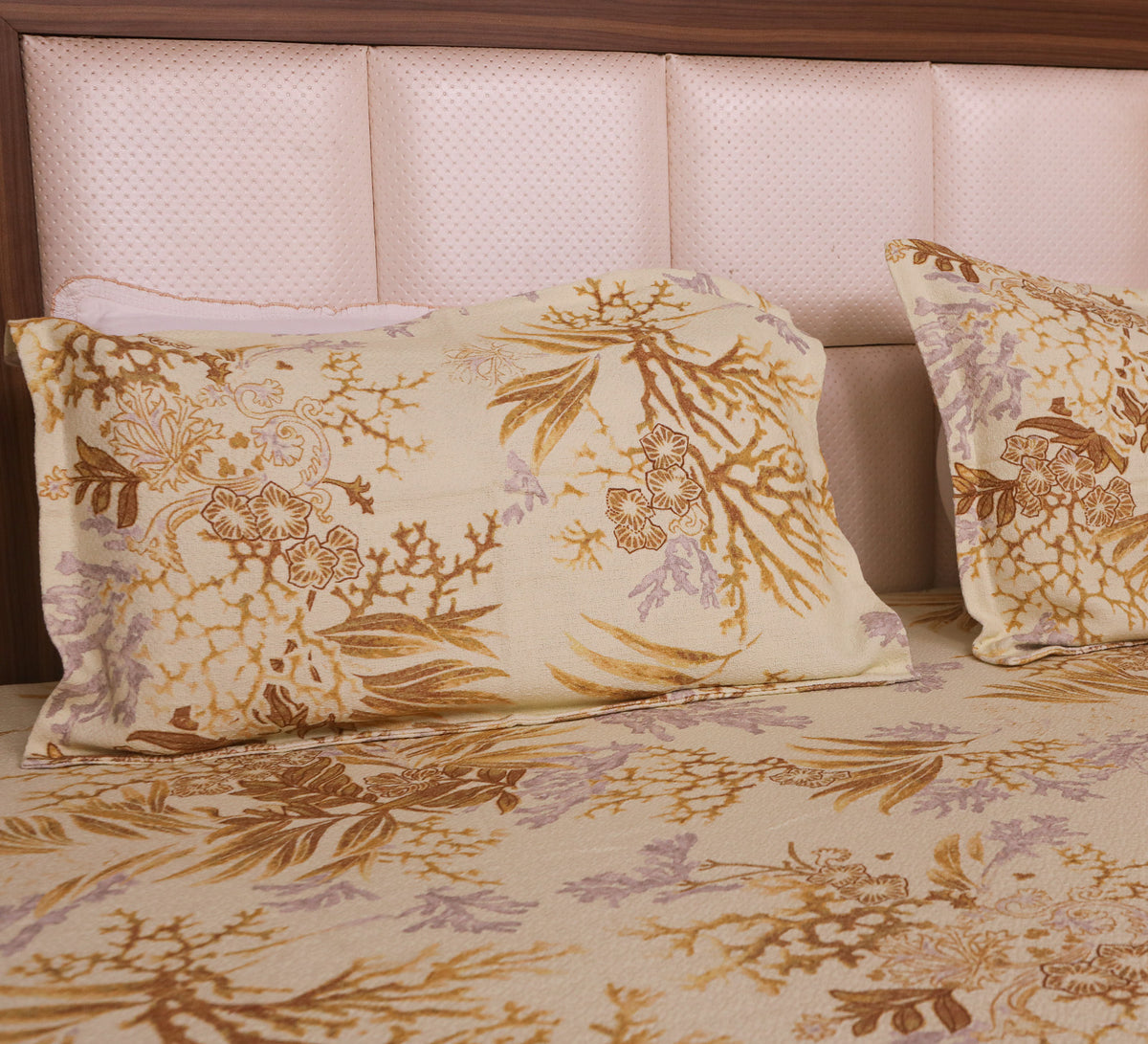 Yellow Coral Print Double Bed Cover