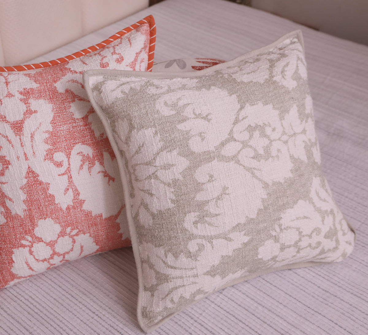 Beige Cotton Slub Floral  Cushion Cover