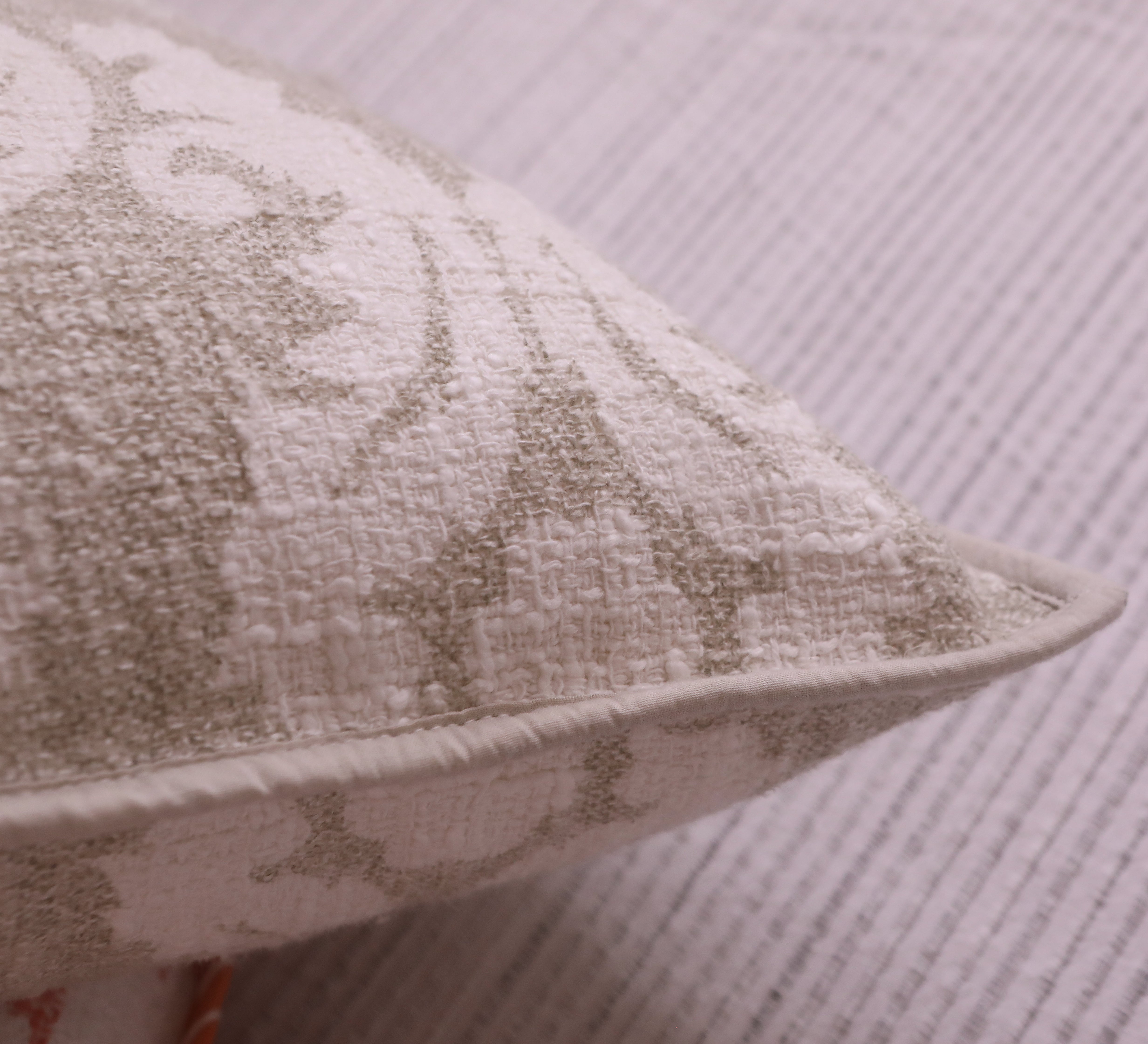 Beige Cotton Slub Floral  Cushion Cover