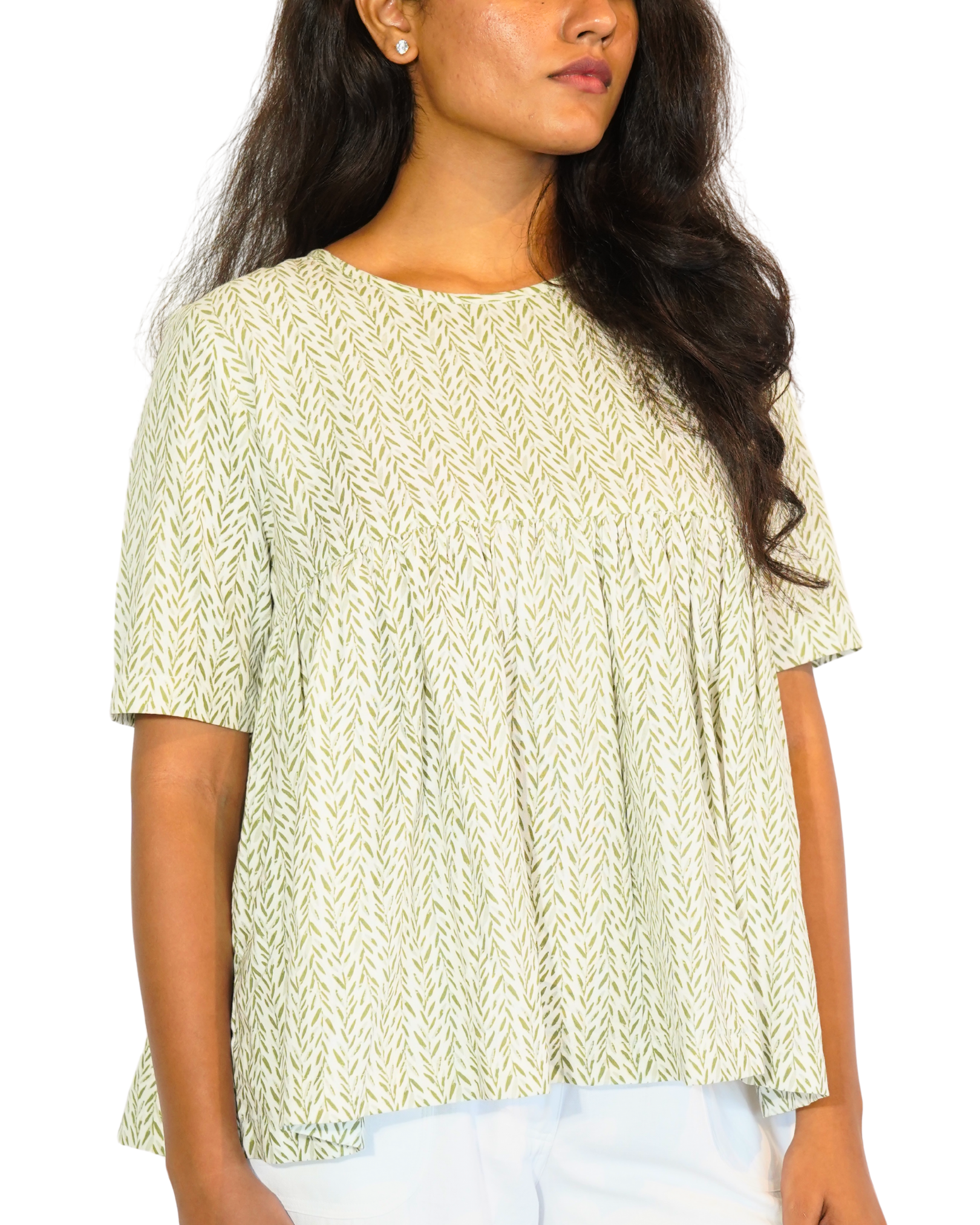 Taru and Agni green on white printed top