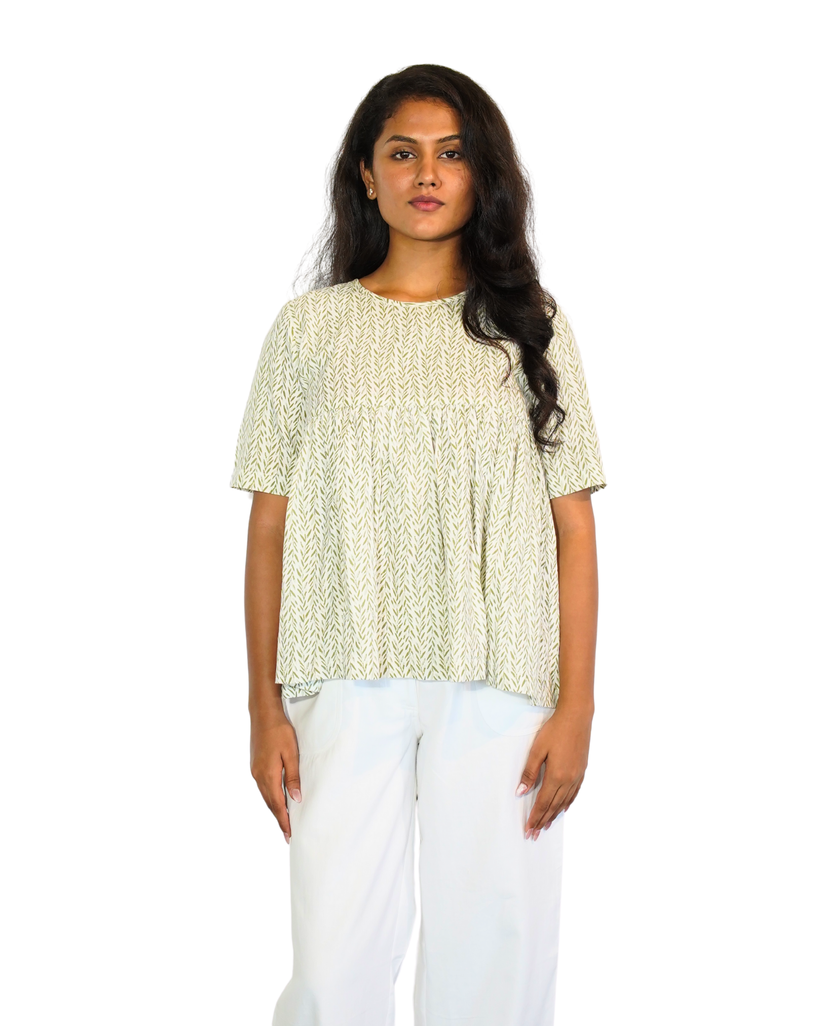 Taru and Agni green on white printed top
