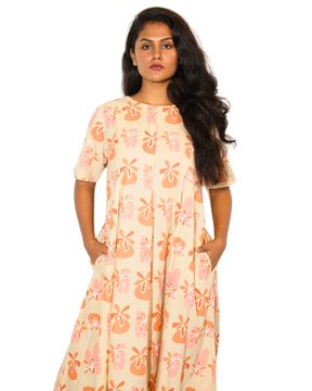 Taru and Agni printed mid length dress with hand embroidery