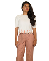 Taru and Agni white top with coral and beige embroidery