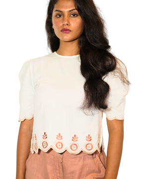 Taru and Agni white top with coral and beige embroidery