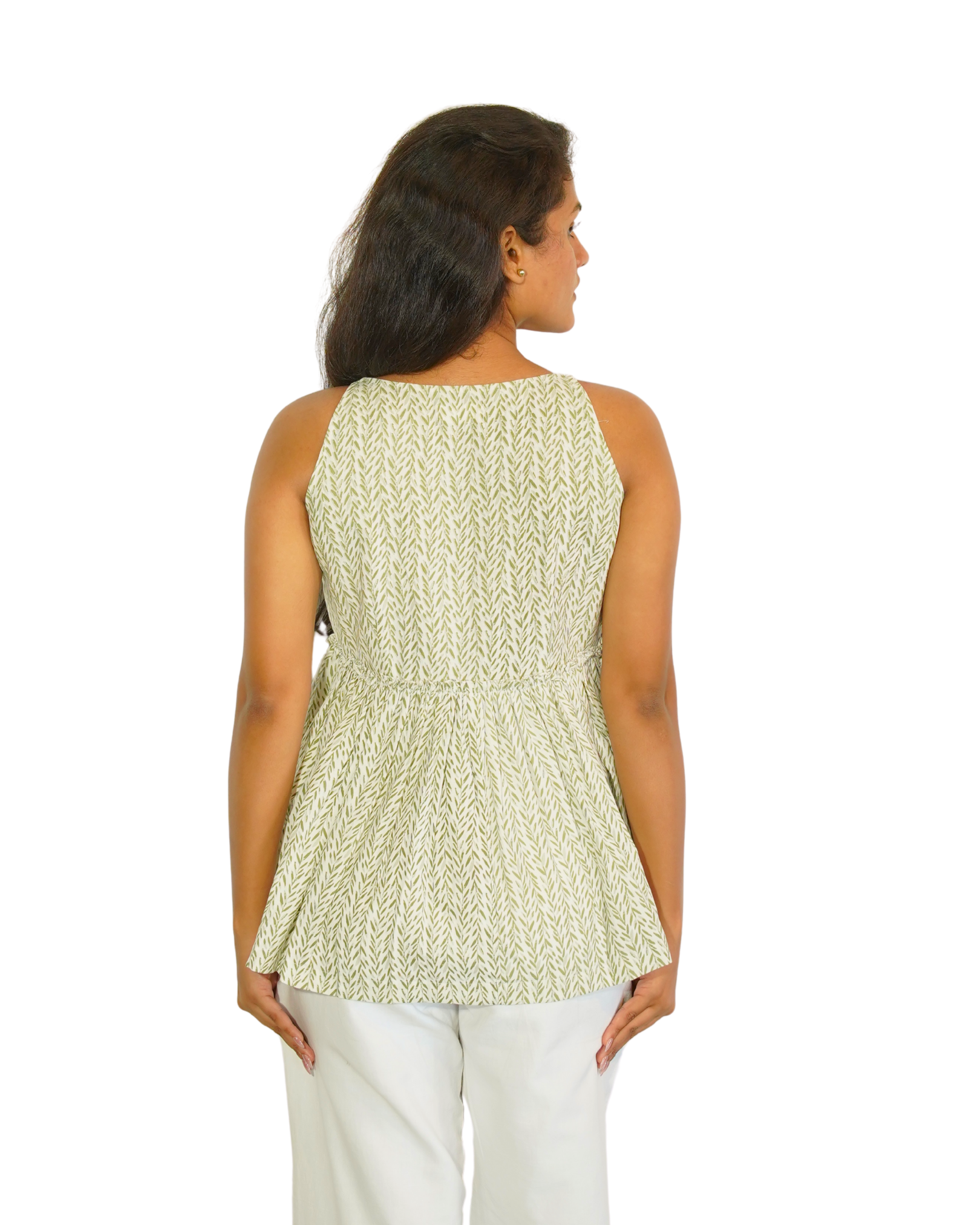 Taru and Agni green on white printed sleeveless top