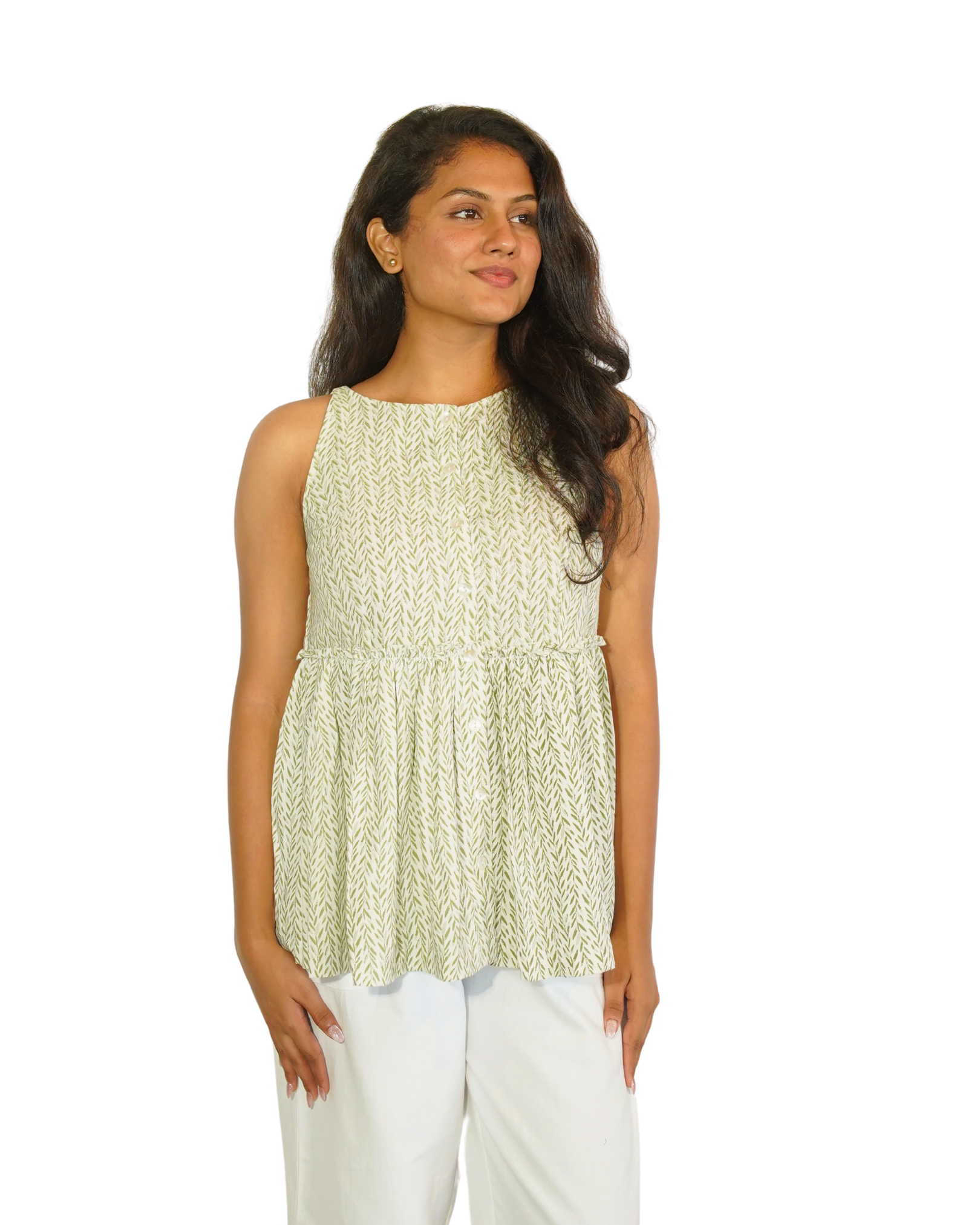 Taru and Agni green on white printed sleeveless top
