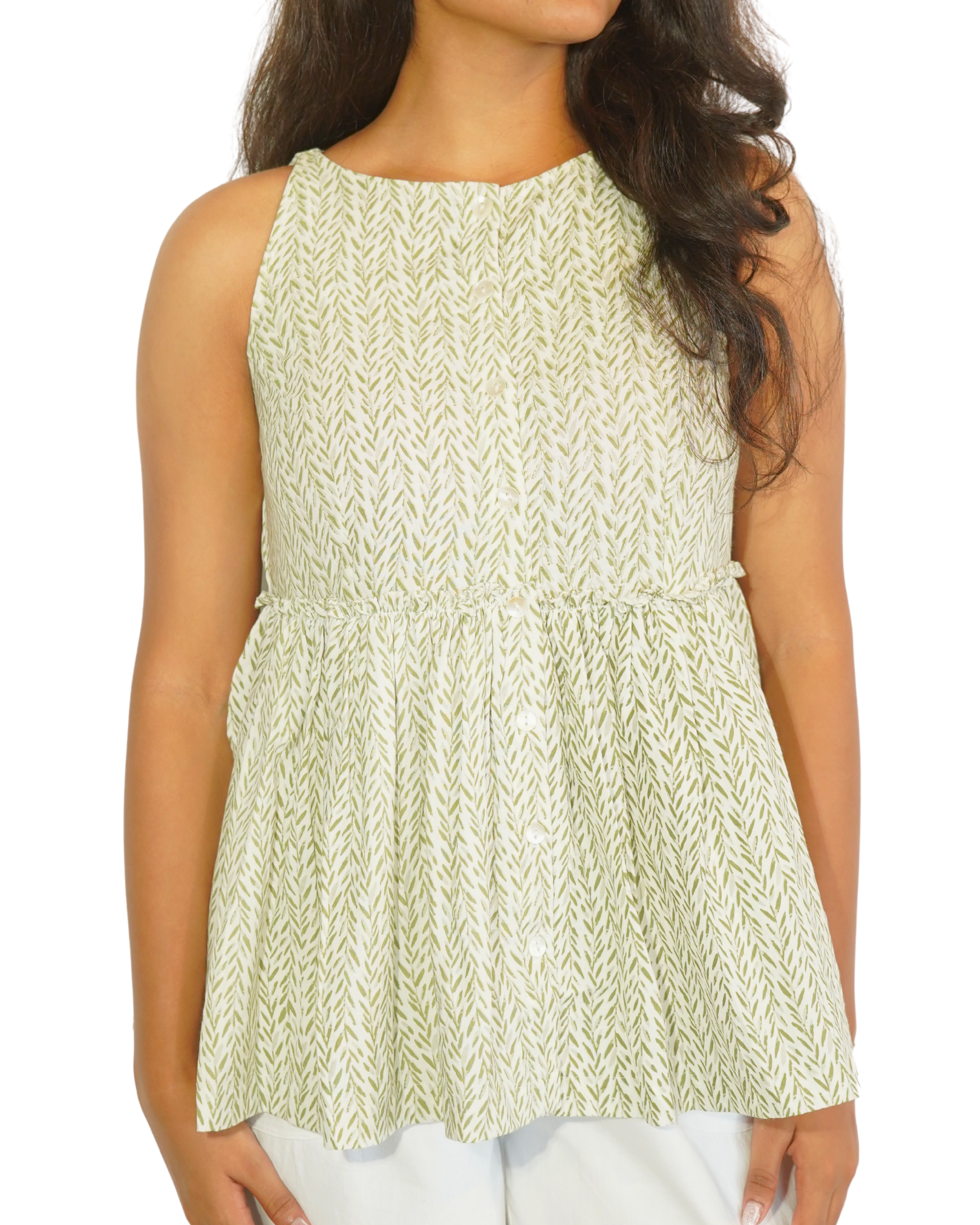 Taru and Agni green on white printed sleeveless top