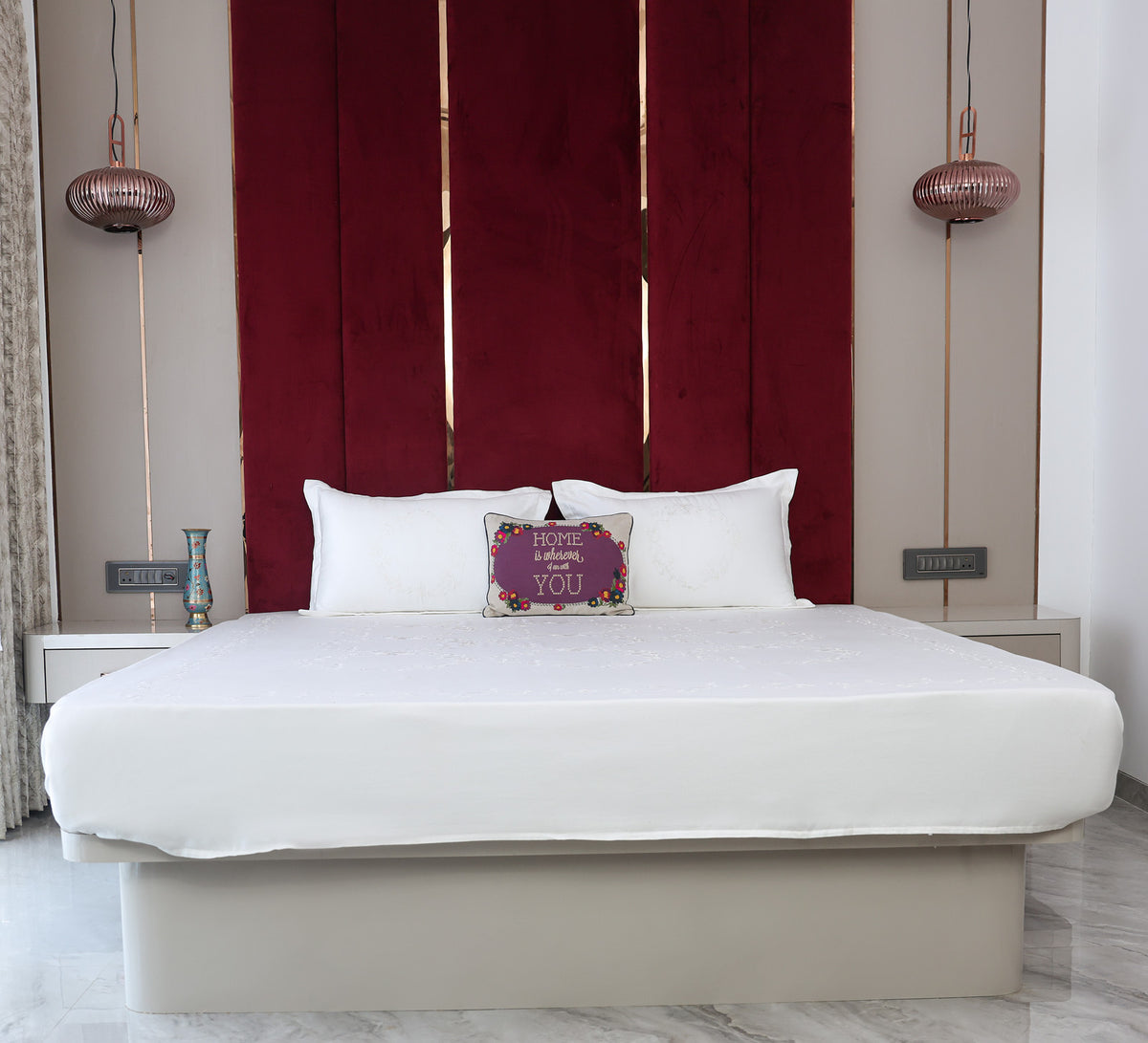 Cotton Satin White Embrioded Double Bed Cover