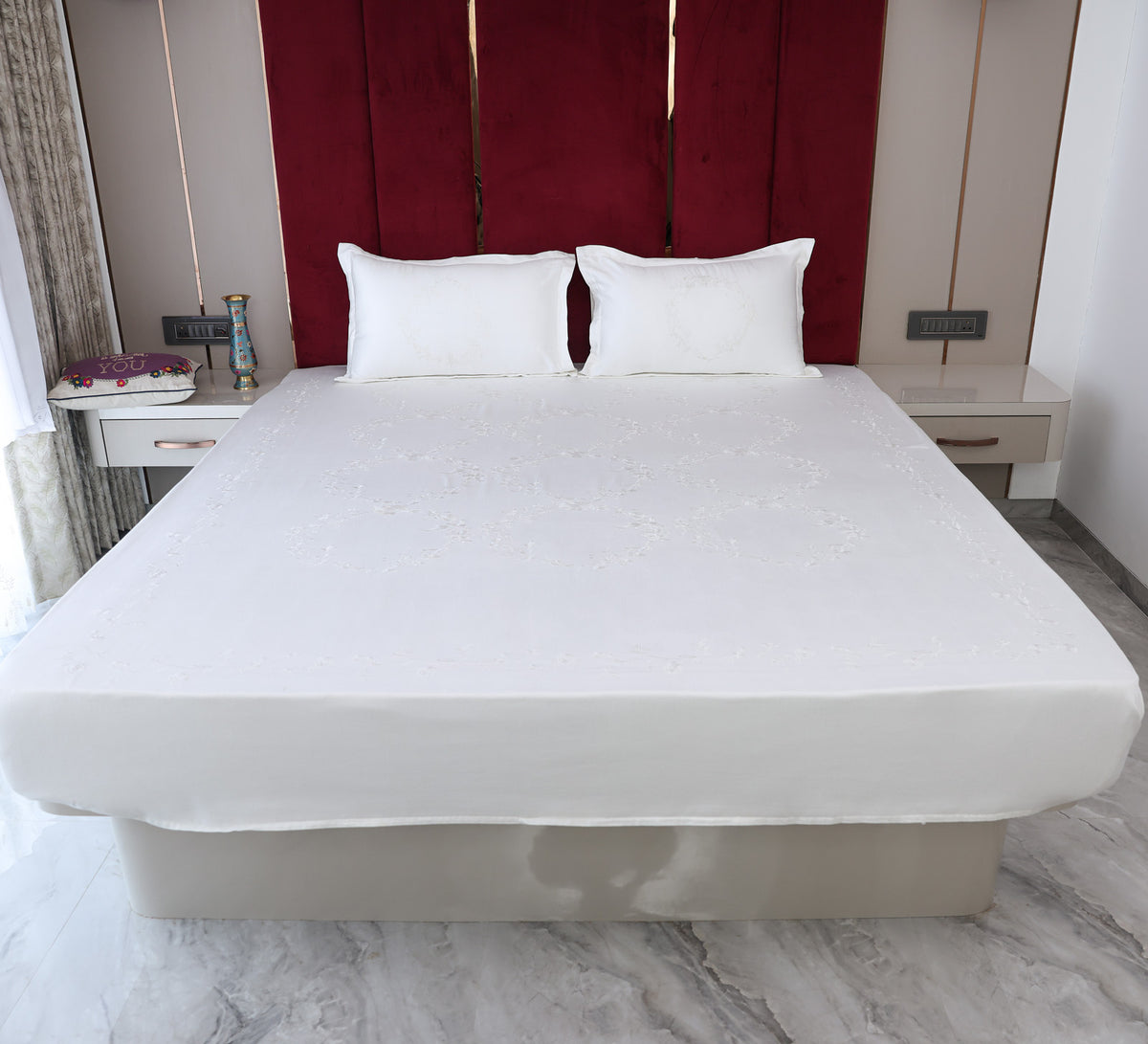 Cotton Satin White Embrioded Double Bed Cover