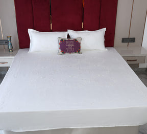 Cotton Satin White Embrioded Double Bed Cover
