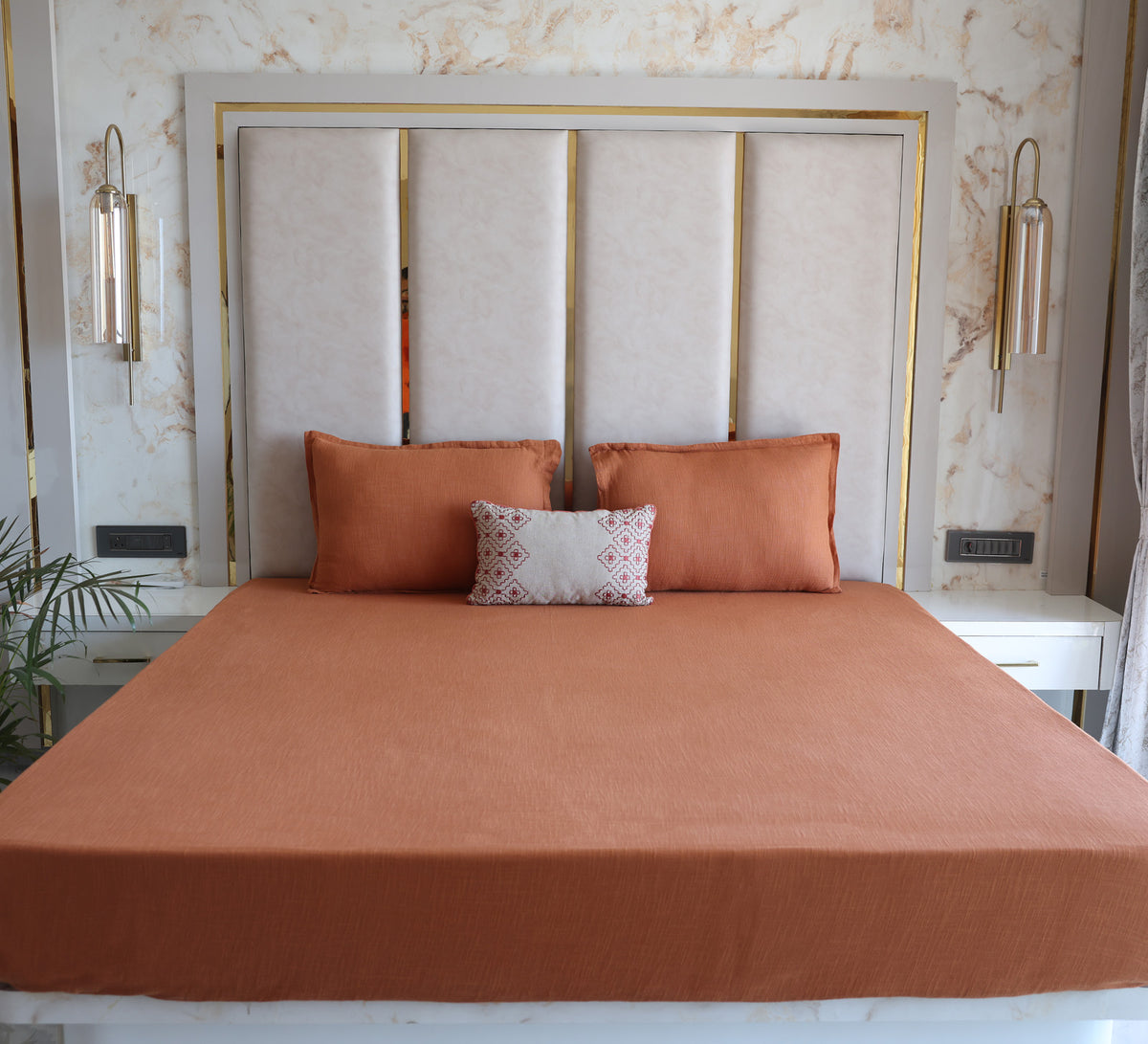 Rust Orange 100% Cotton Slub Solid Bedsheet