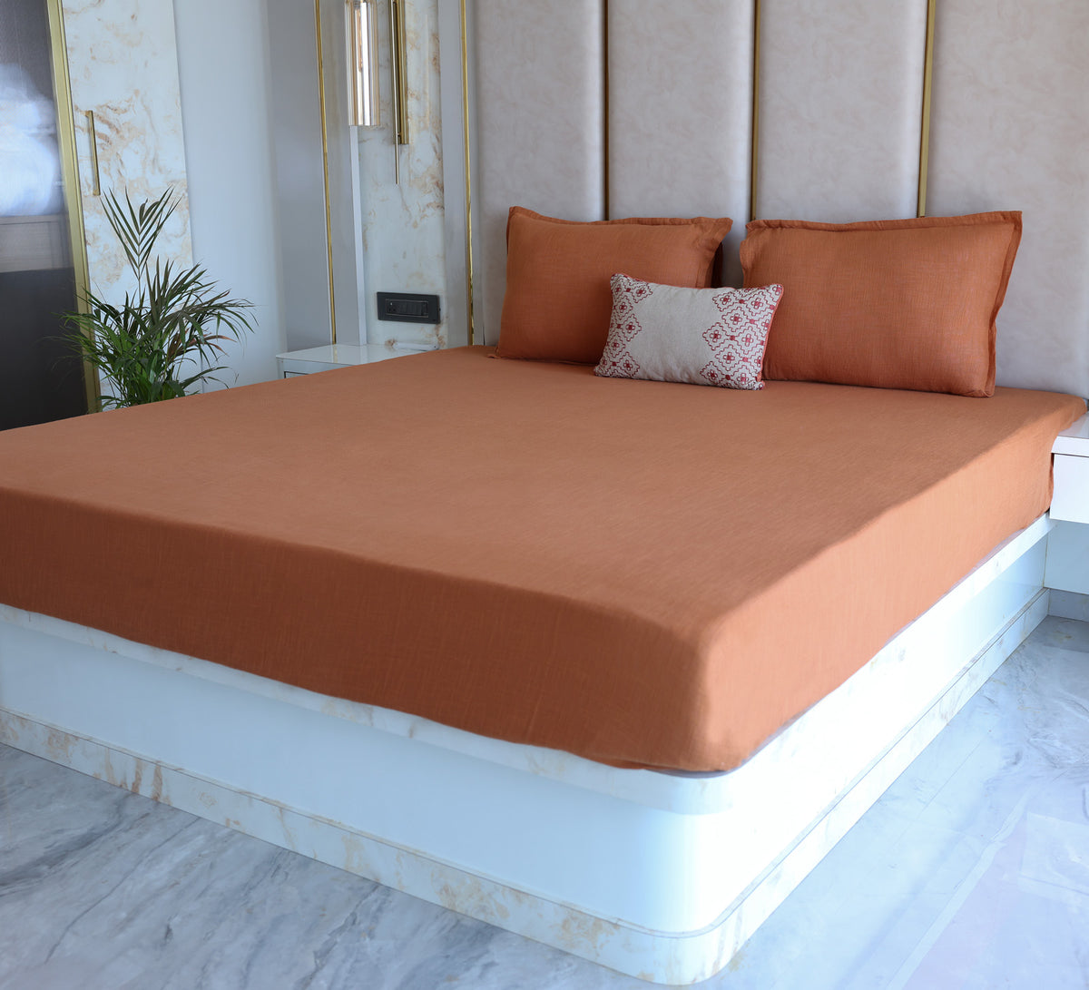 Rust Orange 100% Cotton Slub Solid Bedsheet