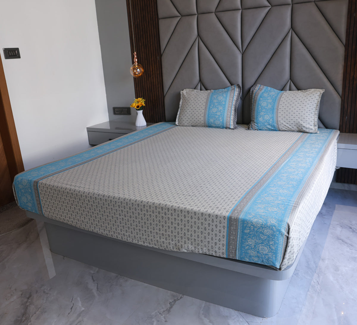 Jacquard Woven Blue and Grey Double Bed Cover
