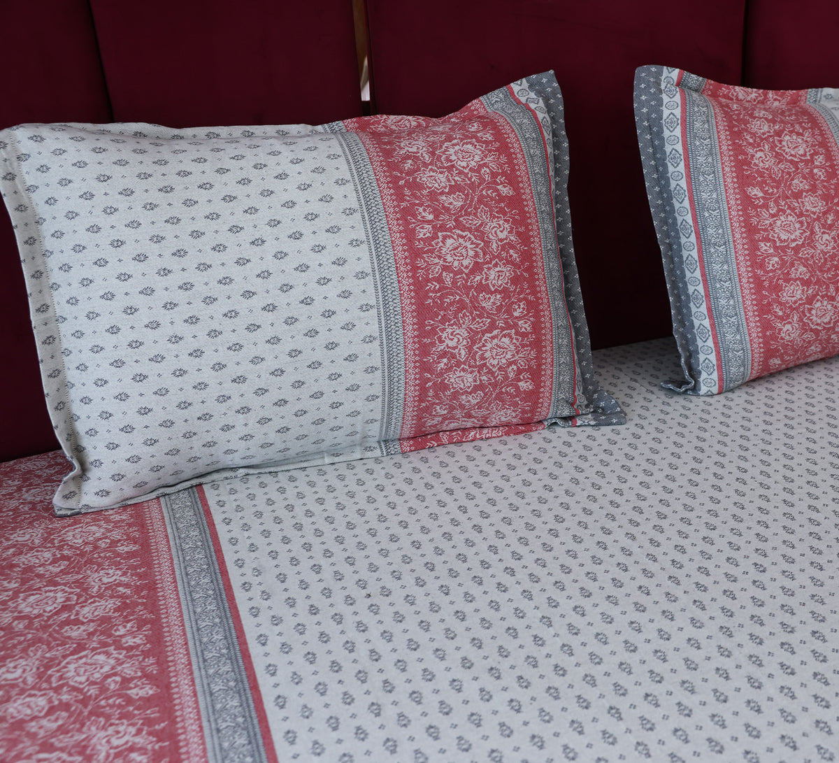 Jacquard Woven Red and Grey Double Bed Cover