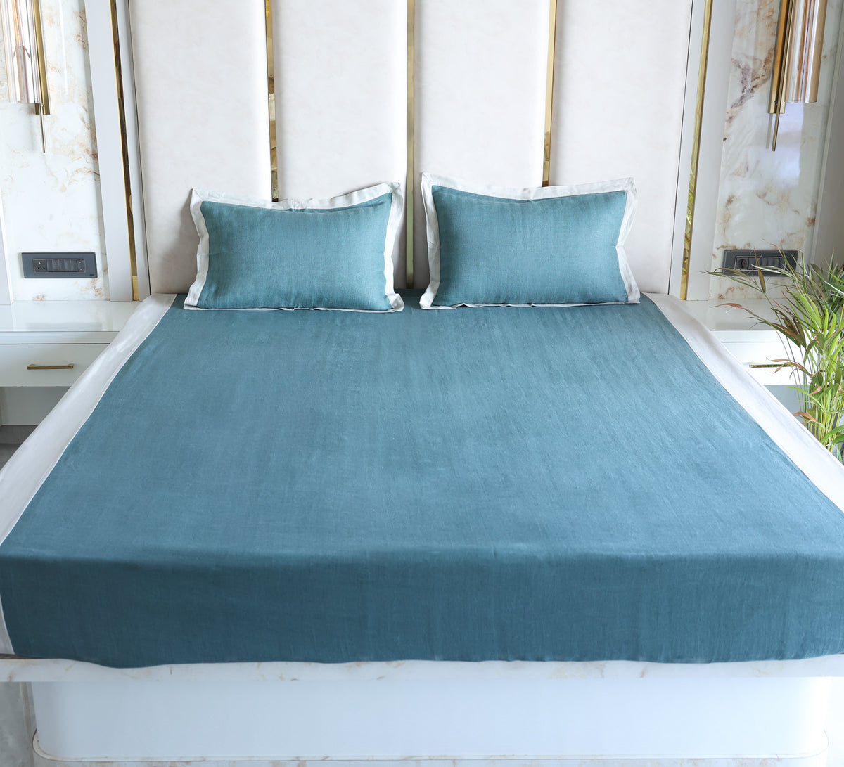 Blue Linen Double bed sheet