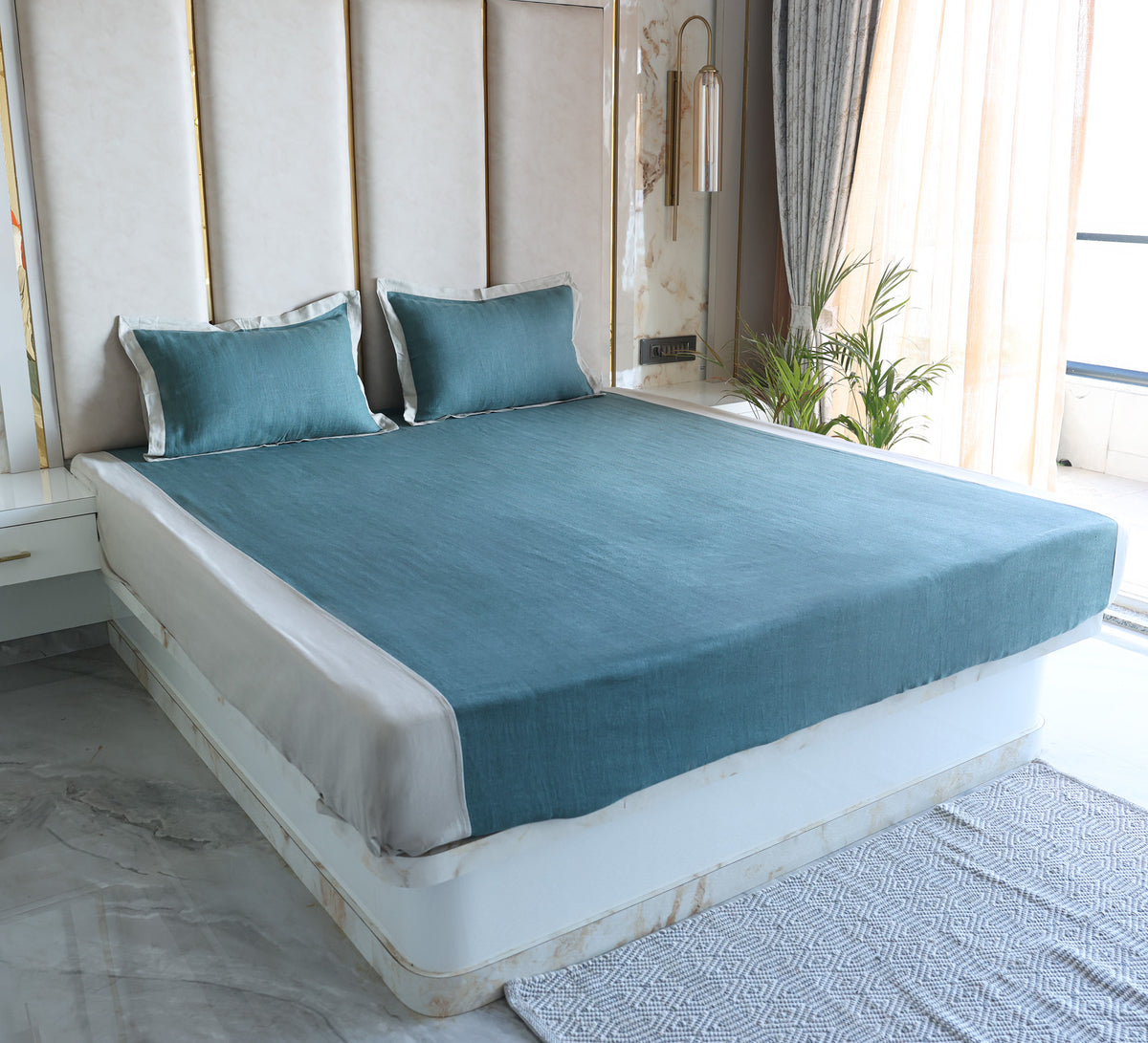 Blue Linen Double bed sheet