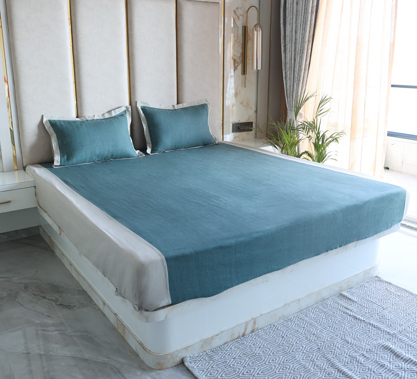 Blue Linen Double bed sheet