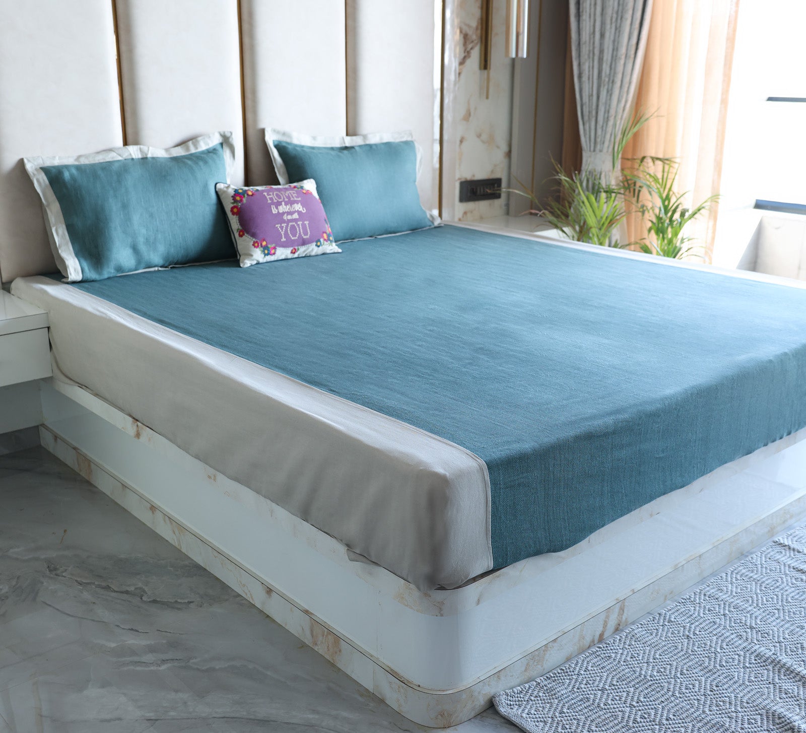 Blue Linen Double bed sheet