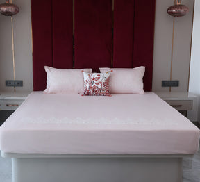 Pink 100% Cotton Embroided Double bed sheet