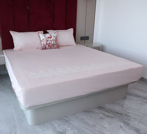 Pink 100% Cotton Embroided Double bed sheet