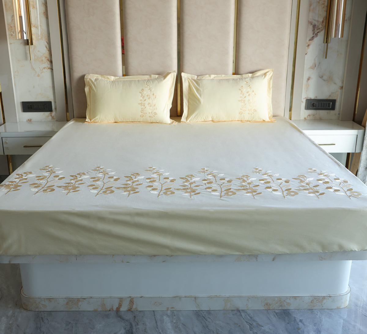 Yellow Chambray Embroided bed sheet