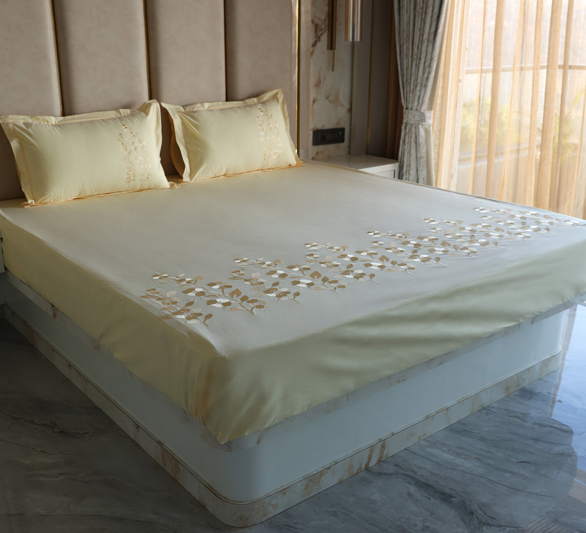 Yellow Chambray Embroided bed sheet