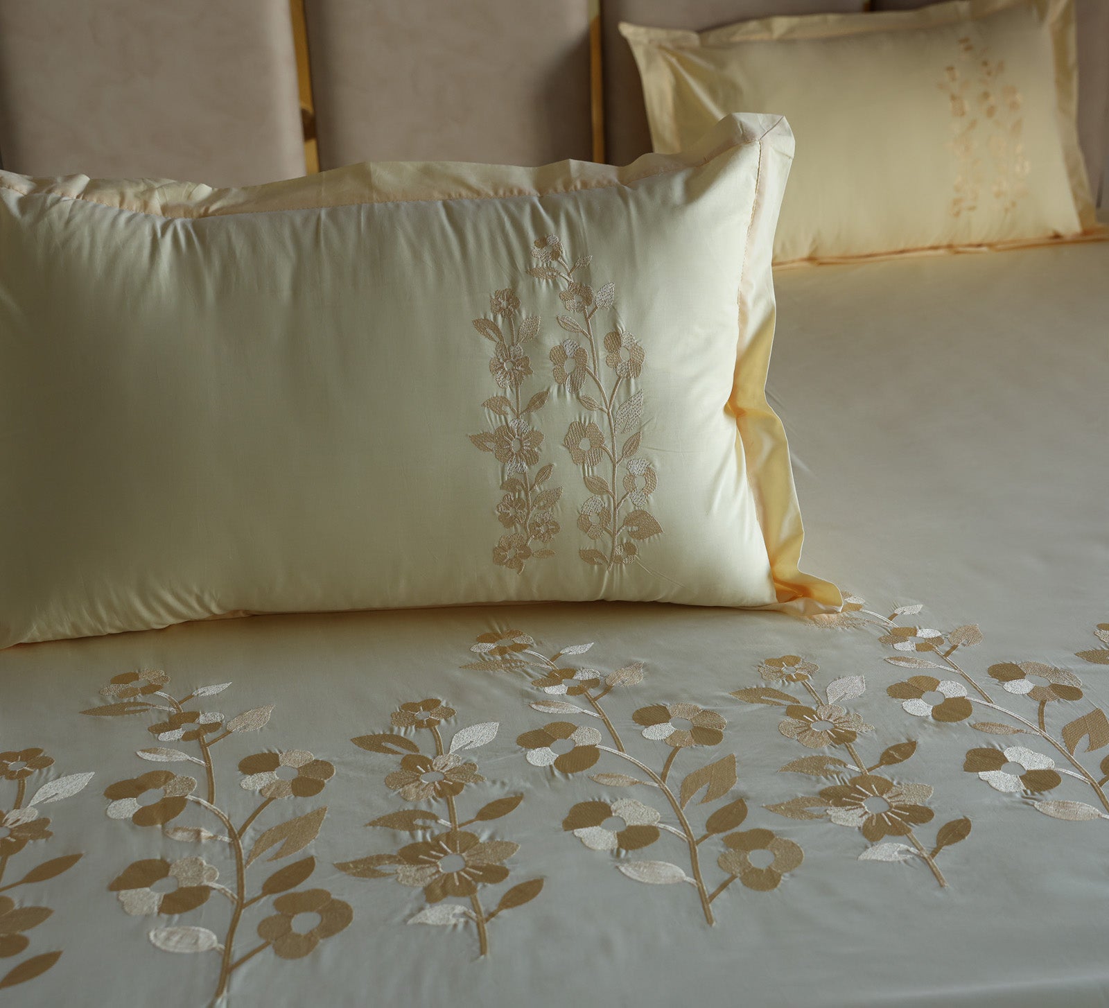 Yellow Chambray Embroided bed sheet