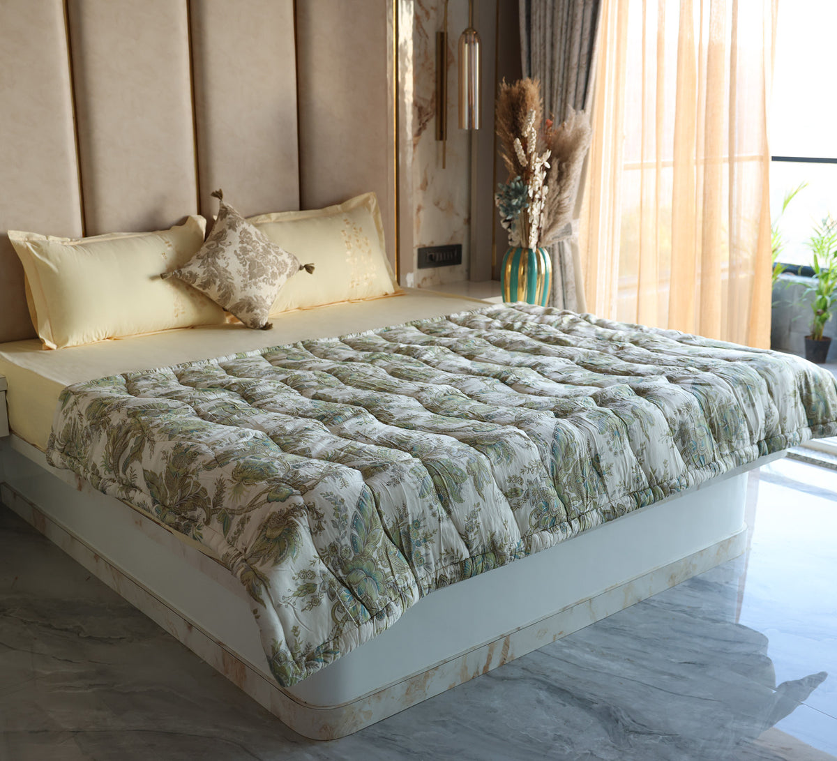 Yellow Floral Cotton Single bed Quilt